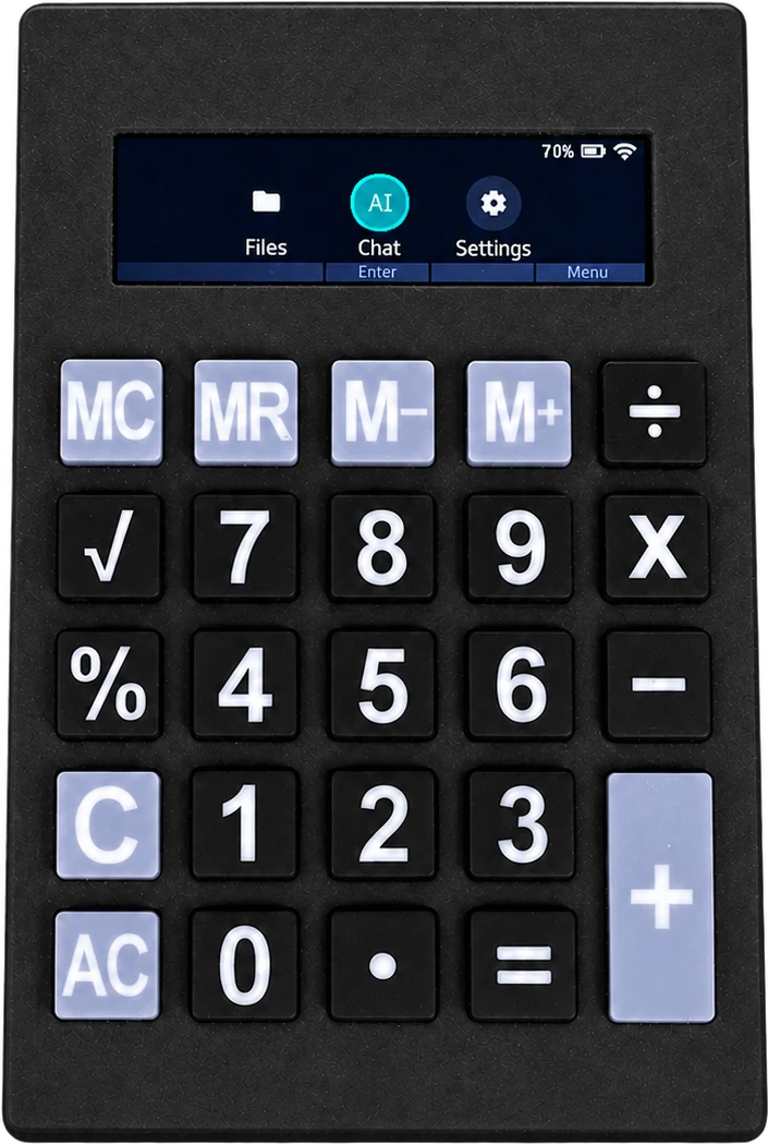 Front view of QuantumCalc Pro with its screen on and Files, Chat and Settings menu